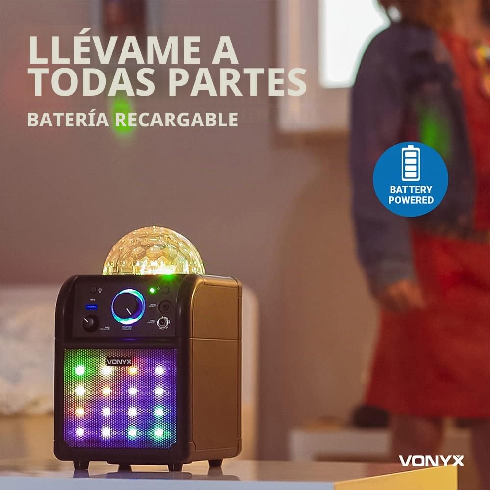 Vonyx SBS50B_Plus Altavoz portátil Set de Karaoke para Fiesta con micrófono y Efecto Eco, Bluetooth, Bola de Discoteca con Efectos de Luces LED y Efectos Luminosos Frontales - Negro