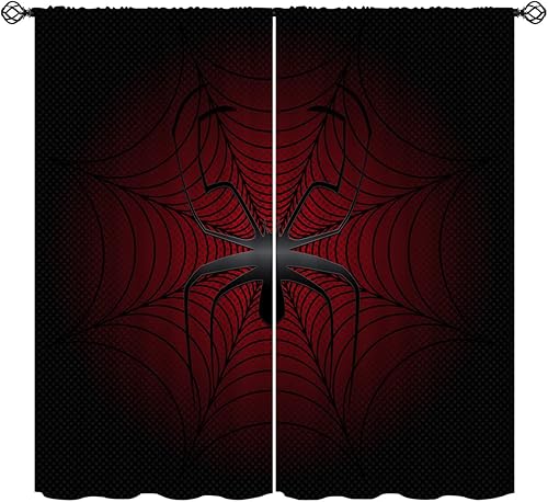 ONINUO Cortinas opacas de superhéroe para niñas y niños, decoración del hogar, increíble telaraña roja y negra, bolsillo para barra, cortinas con