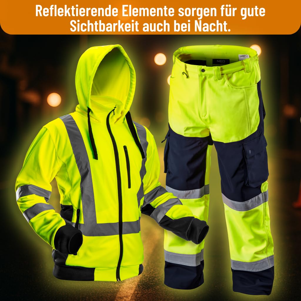 NEO TOOLS Herren Warme Arbeit Warnjacke mit Reflektierenden Streifen Gelb/Orange oder Set mit wasserdichte Hose, Gr. S(48)-XXL(56) | Kapuze, Stehkragen, Fleece, Pulli Berufsjacke Warnjacke Langarm
