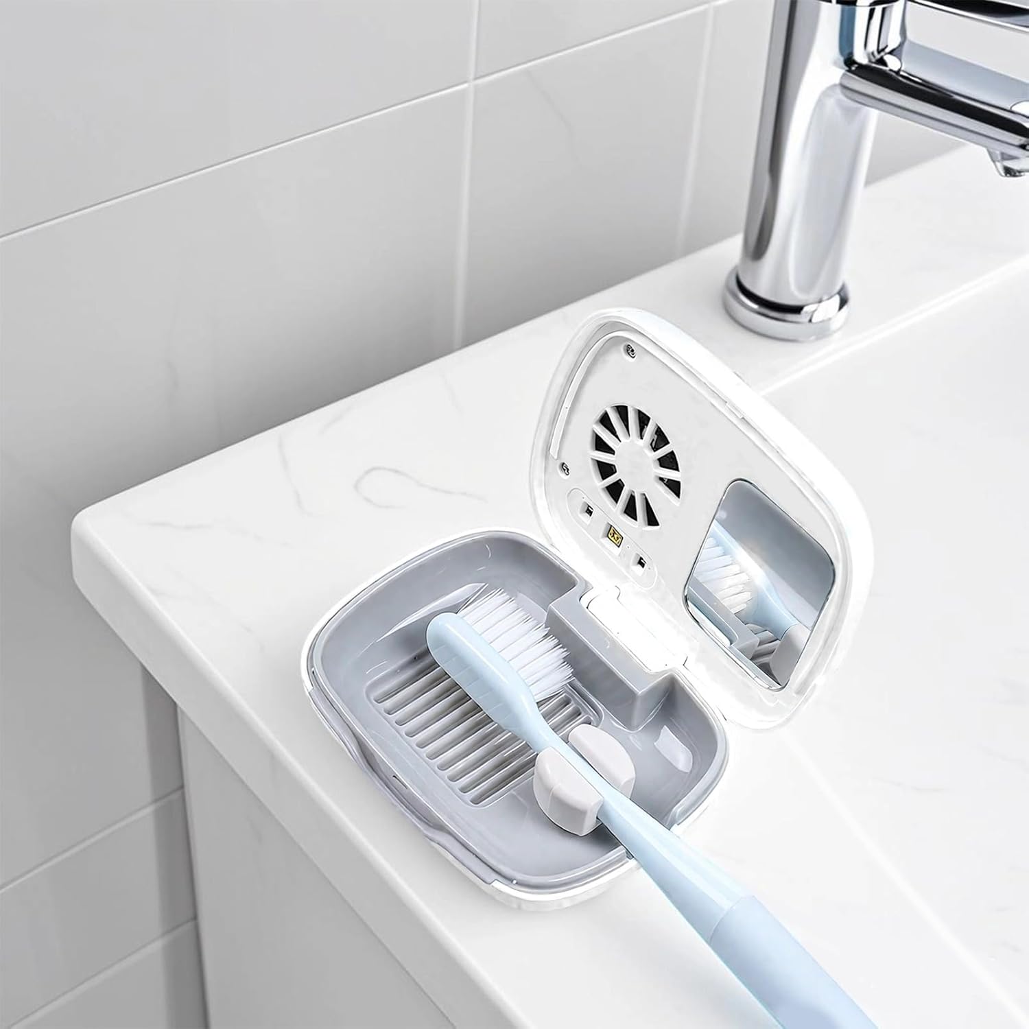 Toothbrush Sanitizer With Fan, Portable Usb Case And Mirror For Travel Electric Toothbrush