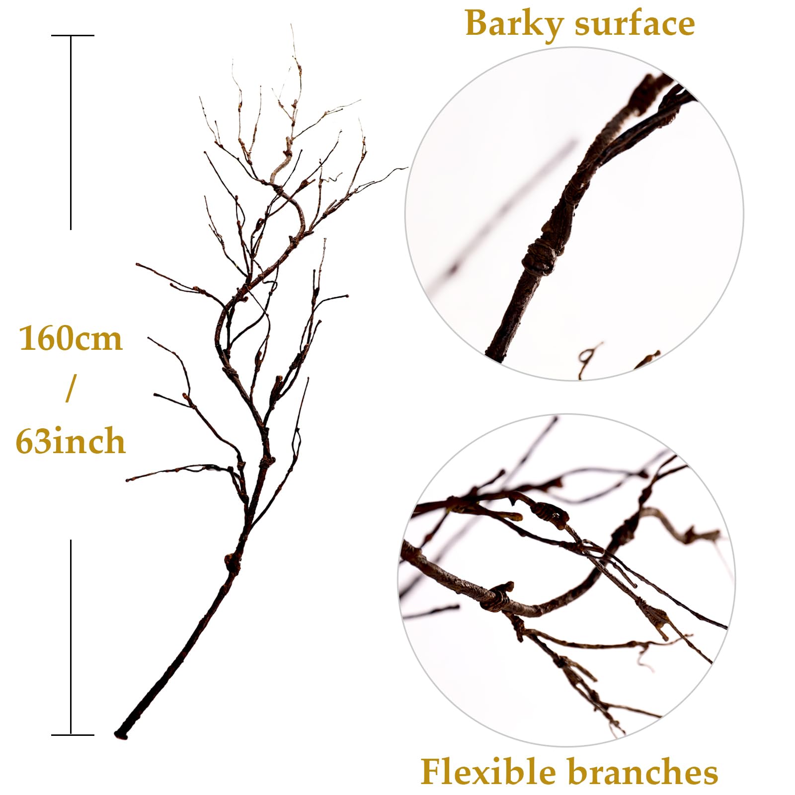 4pcs 63inch Realistic Artificial Bendable Tree Branches Crafts 3D Wall Decor Cherry Blossom Fake Trees Limbs Trunk Hanging Grape Vines Garland for Room Home Garden X'Mas Halloween Party Decoration