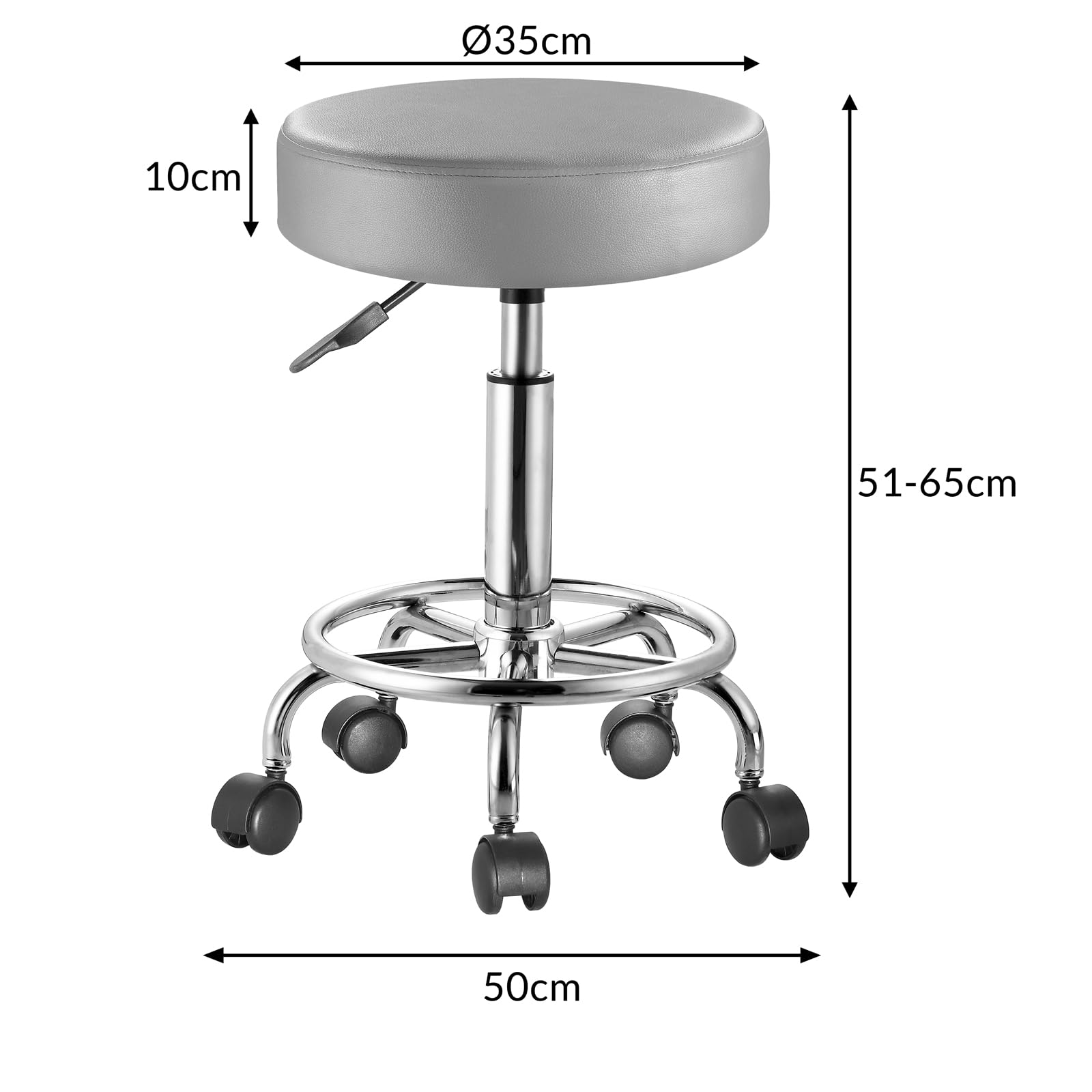 Casaria Tabouret à roulettes réglable en Hauteur 51-65 cm Rembourrage 10 cm pivotable 360° Repose-Pieds Tabouret de Bureau Gris