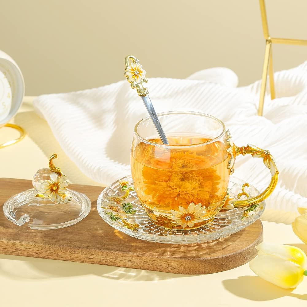 Gift for Women Christmas Birthday Mother's Day Glass Tea Cup with Lid Cute Coffee Mug Daisy Flower Vintage (11oz YellowDaisy)