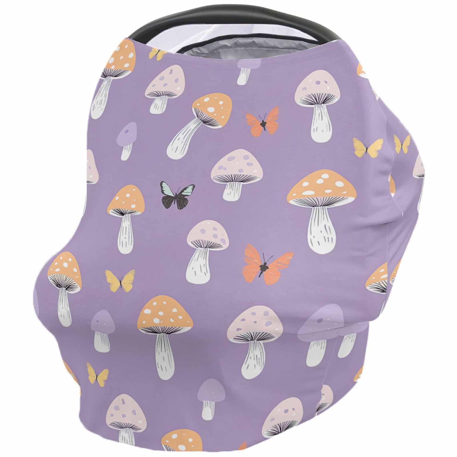 Nursing Cover for Breastfeeding Scarf, Hand Drawn Cartoon Mushroom Butterfly Purple Baby Car Covers Super Soft Multi Use for Canopy Shopping Cart Cover Blanket Stroller Cover