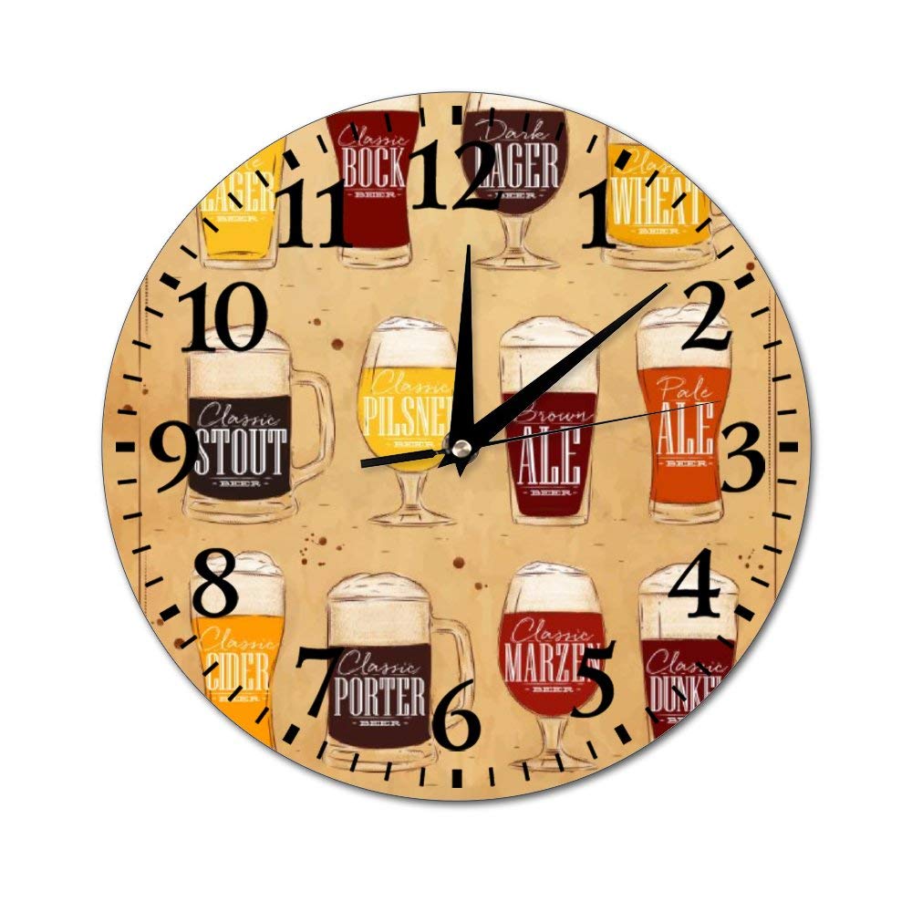 Mesllings Wall Clocks Type of Beers Round Glass Wall Clock, Wall Decor Clocks for Kitchen, Office, Retro Hanging Clock, Home Decor Accessories