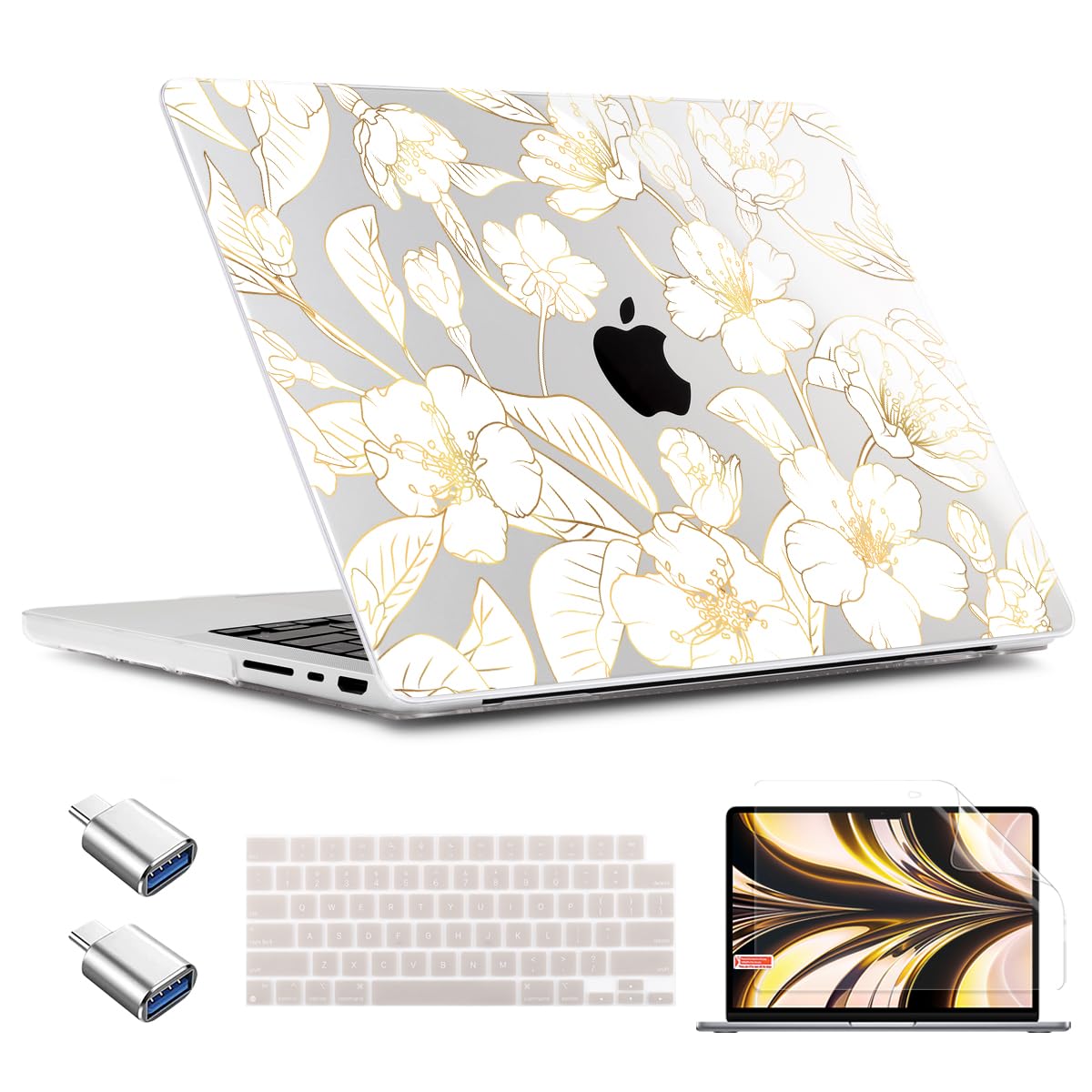 TWOLSKOO Case for MacBook Pro 14 inch M4 M3 M2 M1 (2025-2021) A3112 A3185 A3401 A2918 A2992 A2779 A2442, Plastic Hard Shell & Keyboard Cover & Type C Adapter & Screen Protector, Gold Cherry Blossom