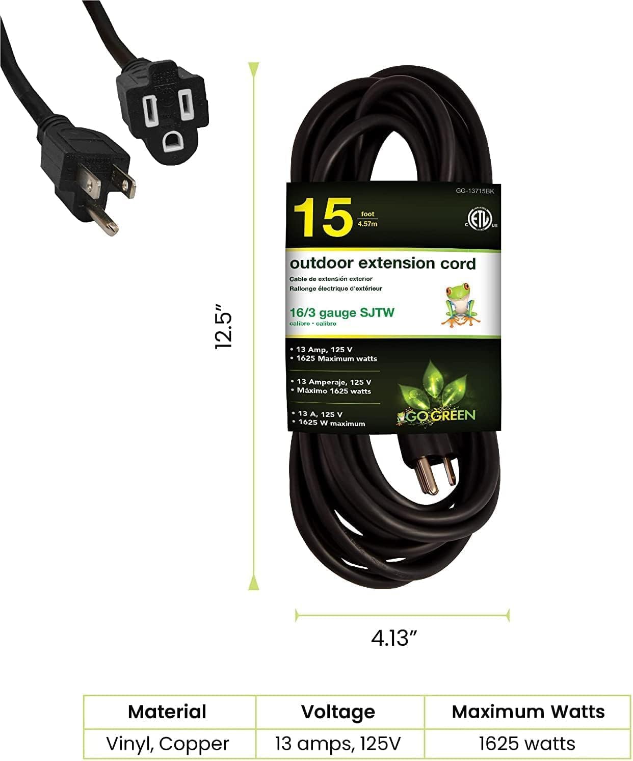 GoGreen Power Inc. (G-13715BK-2) 16/3 15' Heavy Duty Extension Cord - Black, 15ft, 2 Pack