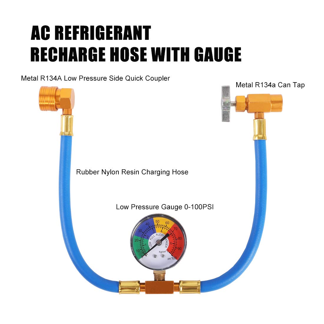 JIFETOR AC Charge Hose with Gauge, Car R134A Refrigerant Recharge Kit, Auto Air Conditioning U Charging Hose Low Pressure Measuring Meter with 1/2" Can Tap and R134A Quick Coupler, 100PSI