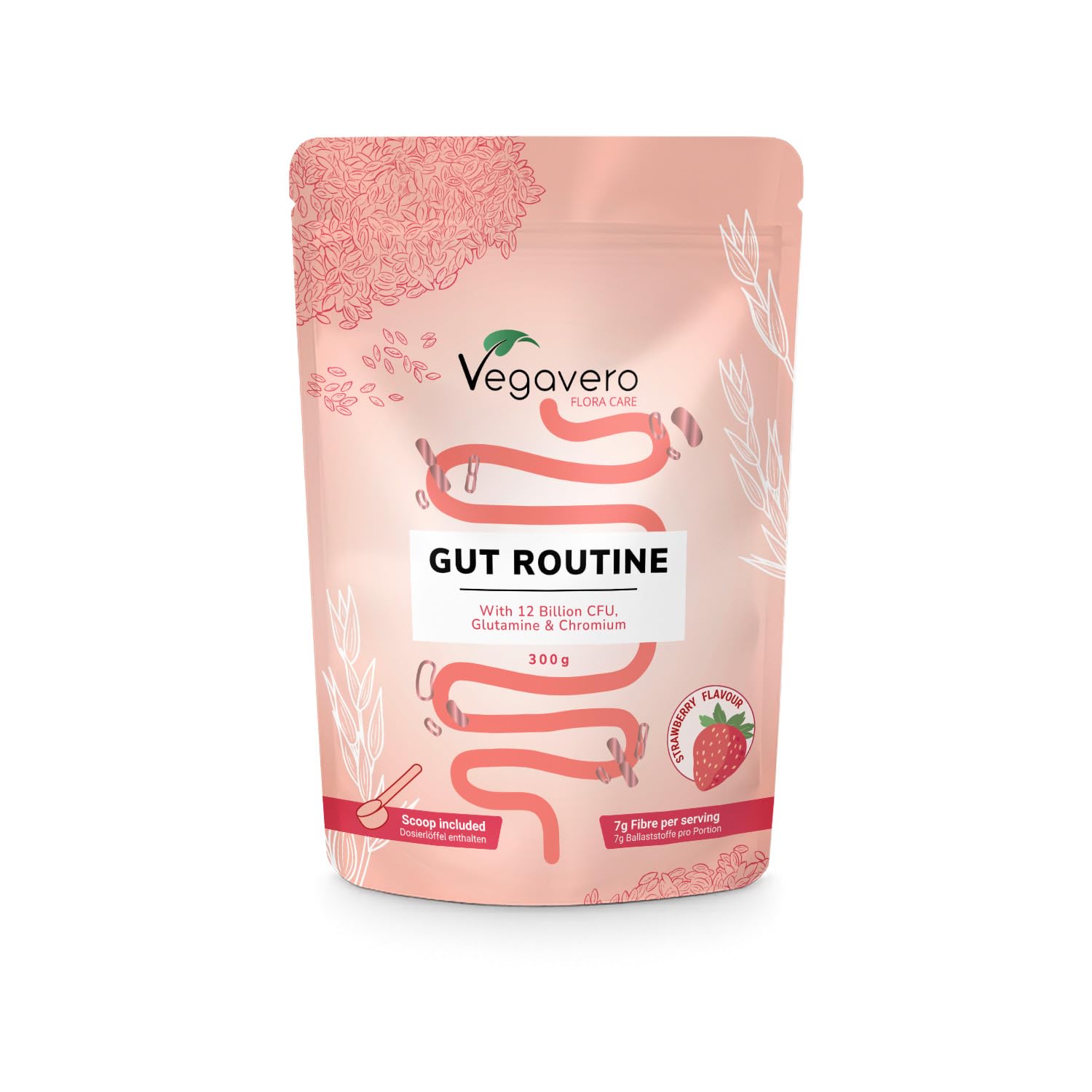 Gut Routine | Formule Tout en Un : 7g de Fibres, Probiotiques, L-Glutamine | Digestion & Microbiote Intestinal | Vegan & Sans Gluten | Goût Fraise | Vegavero®