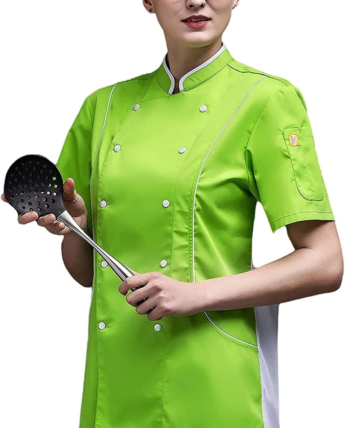 Uniformi alla Moda Cappotto da Cuoco Uomo Donna Unisex Manica Corta Ristorante Cuoco Uniformi da Lavoro in Cucina, Doppio Petto Sushi Bakery Cafe Cameriere Servizio di Catering Giacche (Color : Green
