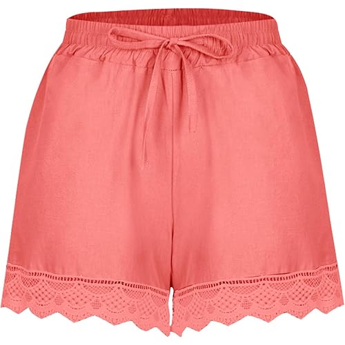 Womens Casual Shorts Fashion Lace Trim Summer Beach Shorts Loose Elast Waist Drawstring Yoga Lounge Shorts