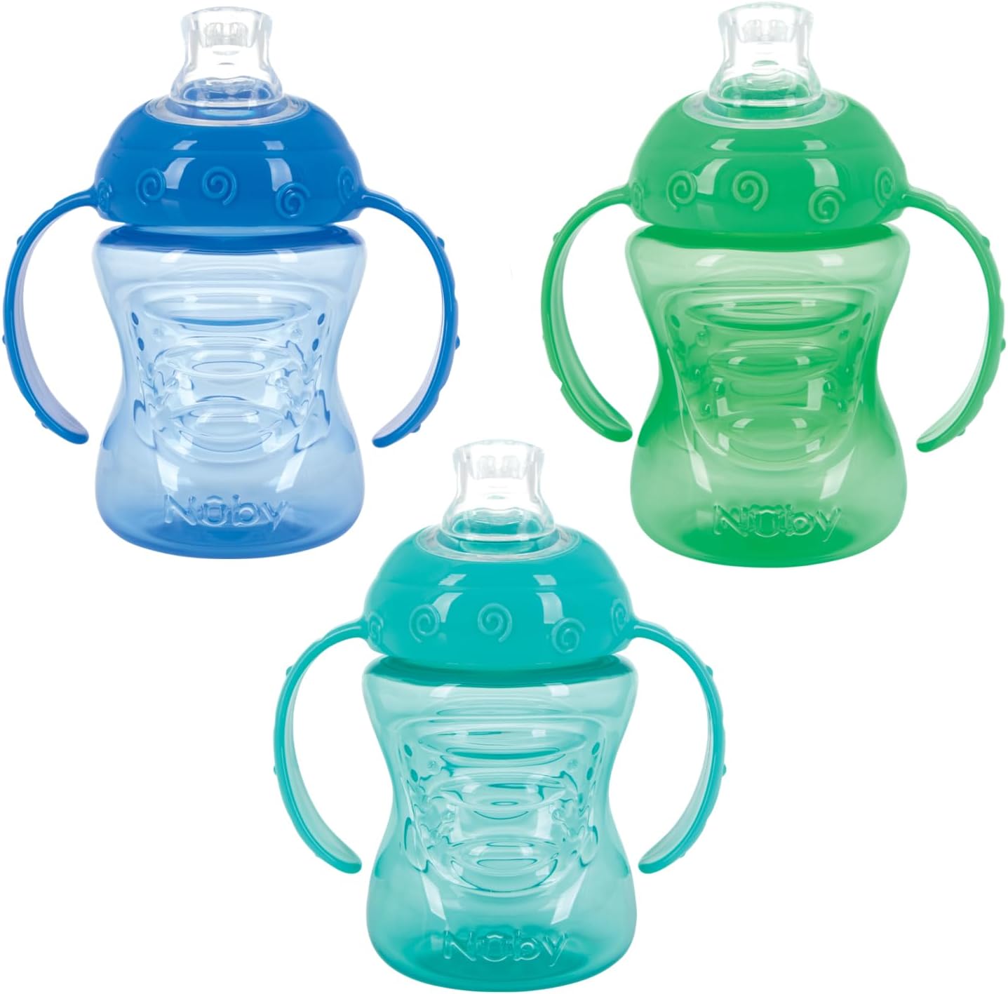 Nuby 3 Pack Two Handle No Spill Toddler Sippy Cups - Toddler Cups Spill Proof with Easy and Firm Grip - Aqua, Blue, Green
