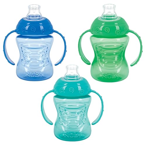 Nuby Paquete de 3 vasos para niños pequeños con dos asas y sin derrames, a prueba de derrames, con agarre fácil y firme, sin BPA, color aguamarina,