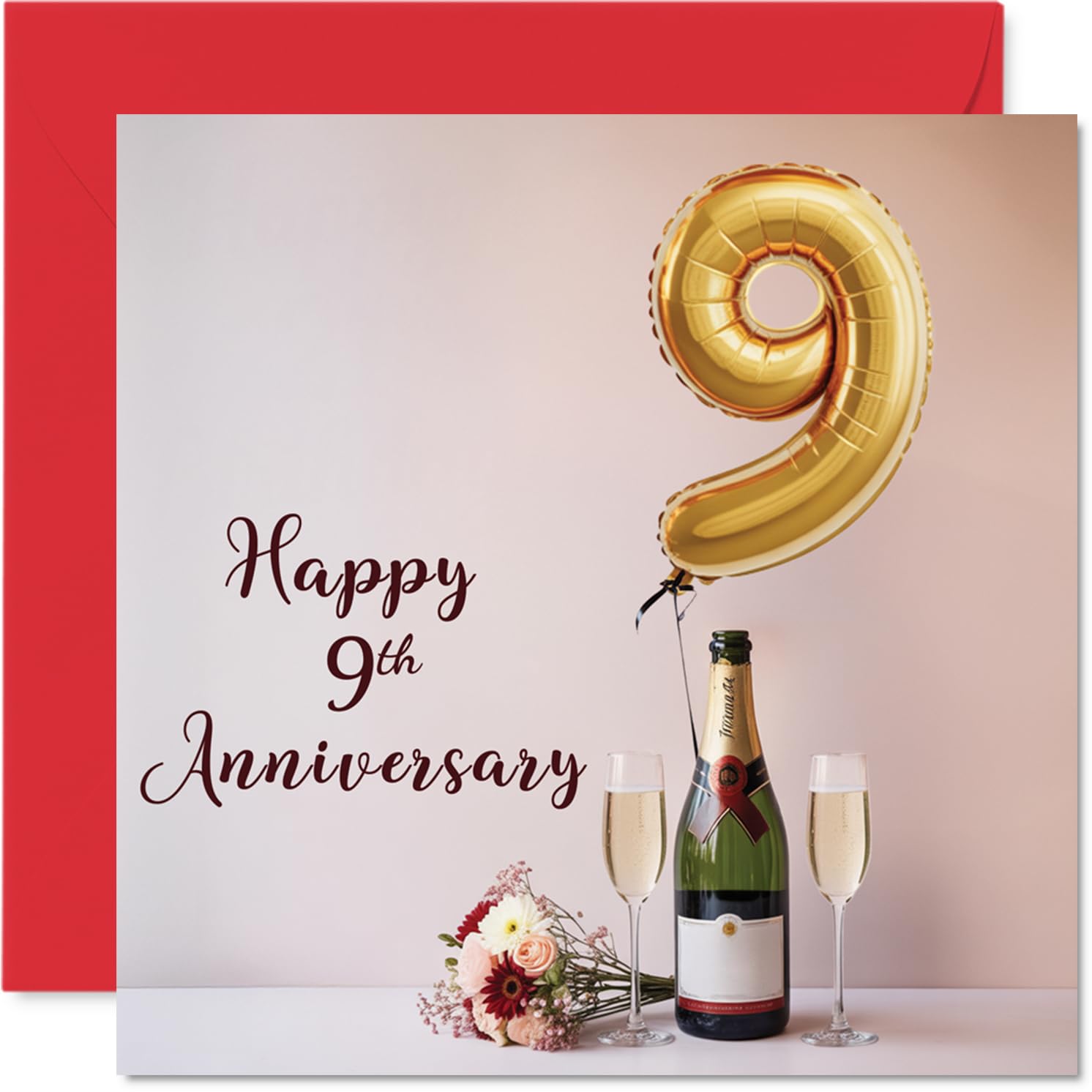 9th Anniversary Card for Women Men - Balloons & Bottle of Bubbly - Happy 9 Year Anniversary Card for Partner Wife Husband Companion, 145mm Wedding Anniversaries Greeting Cards