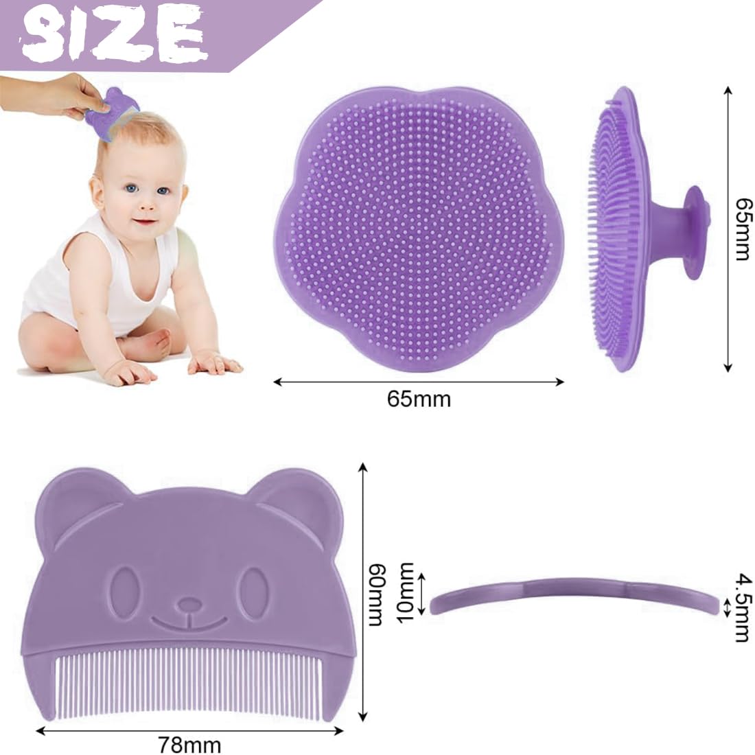 Brosse et peigne pour croûtes de lait (2PCS) - Brosse en silicone pour le bain de bébé, Peigne à Cheveux pour Bébé, Peigne à cheveux sensoriel doux avec poils doux en silicone Outil de bain (Violet)