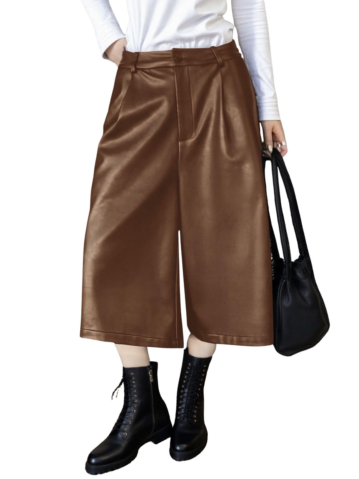 chouyatou Womens Pu Faux Leather Wide Leg Cropped Pants High Elastic Waist Baggy Barrel Capri Palazzo Pants