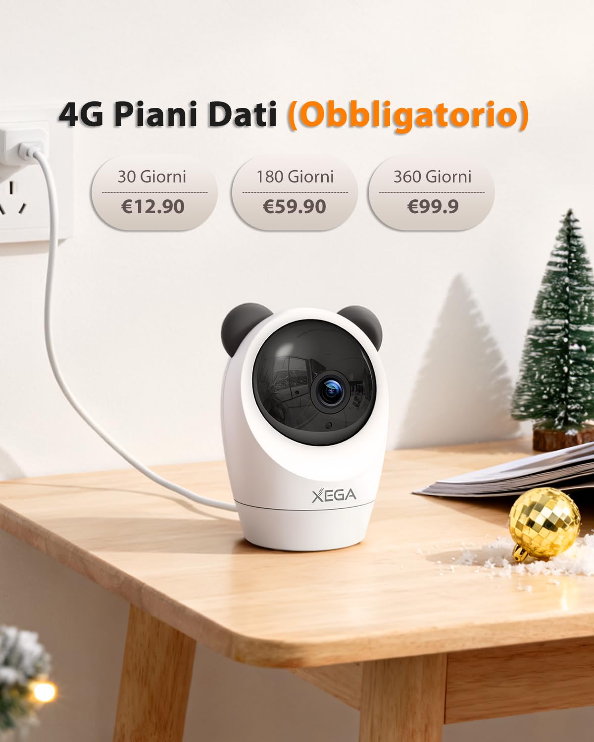 Xega Telecamera 4G Interno SIM, 24/7, 2K Notte, Senza WiFi, 355° Pan | Rilevamento PIR, Audio Bidirezionale, TF/Cloud, 60° Tilt, Per Neonati, Anziani e Animali