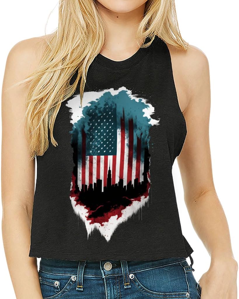 USA Flag Print Racerback Cropped Tank - American Themed Items - Unique Gifts