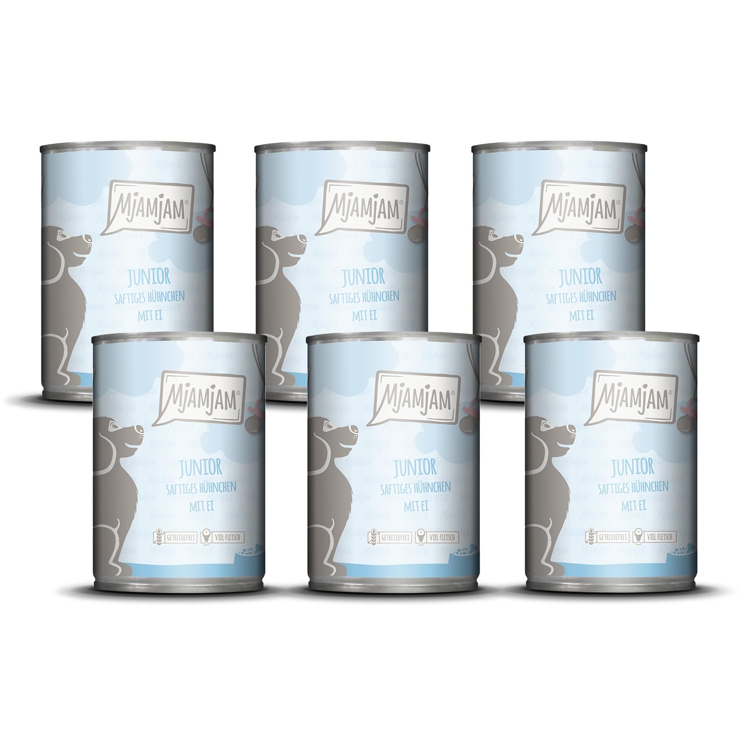 MjAMjAM - Premium Nassfutter für Hunde - Junior saftiges Hühnchen mit Ei, 6er Pack (6 x 400 g), naturbelassen mit extra viel Fleisch