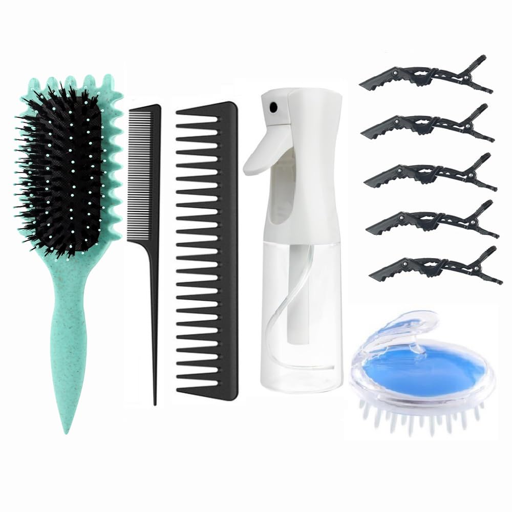 ABWXN Lockiges Haar Bürste Set mit Locken Defining Bürste Ohne Ziepen, Haar Sprühflasche, Breiter Zahnkamm,Schwanzkamm,Kopfhaut Massagebürste und Haarspangen, für Damen Männer HaarStyling