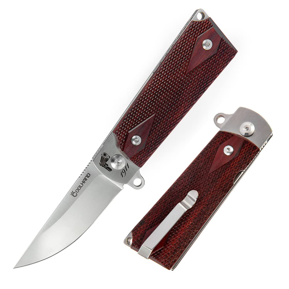 Cool Hand Heavy Duty EDC Folding Knife, Ball Bearing Survival Hunting Knives, 3.6" Drop Point D2 Steel Blade, 4.9'' Replaceable 1911 Wood Grip Handle, Liner Lock Mechanism, 1911FD-S