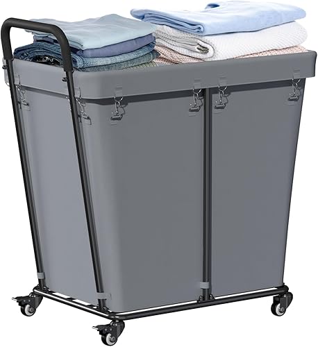 Laundry Cart with Lockable Wheels 2 Section, 240L Large Capacity Commercial Laundry Sorter Rolling Laundry Cart with Sturdy Steel Frame and