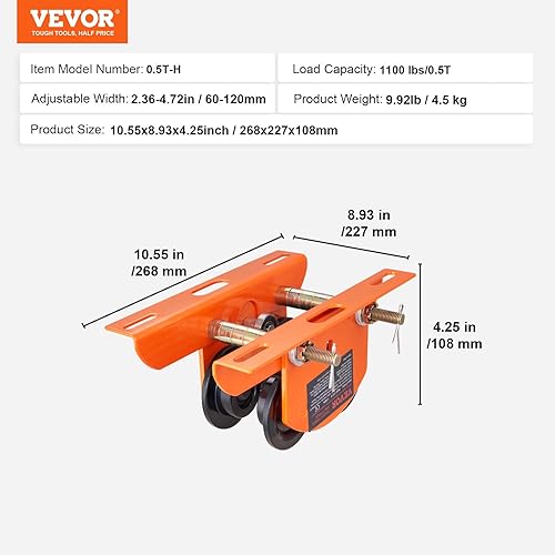 Miniatura 7 de VEVOR I Beam 1100 lbs0.5 toneladas de capacidad para PA200 a PA500 carretilla manual de polipasto eléctrico con ancho de brida ajustable de