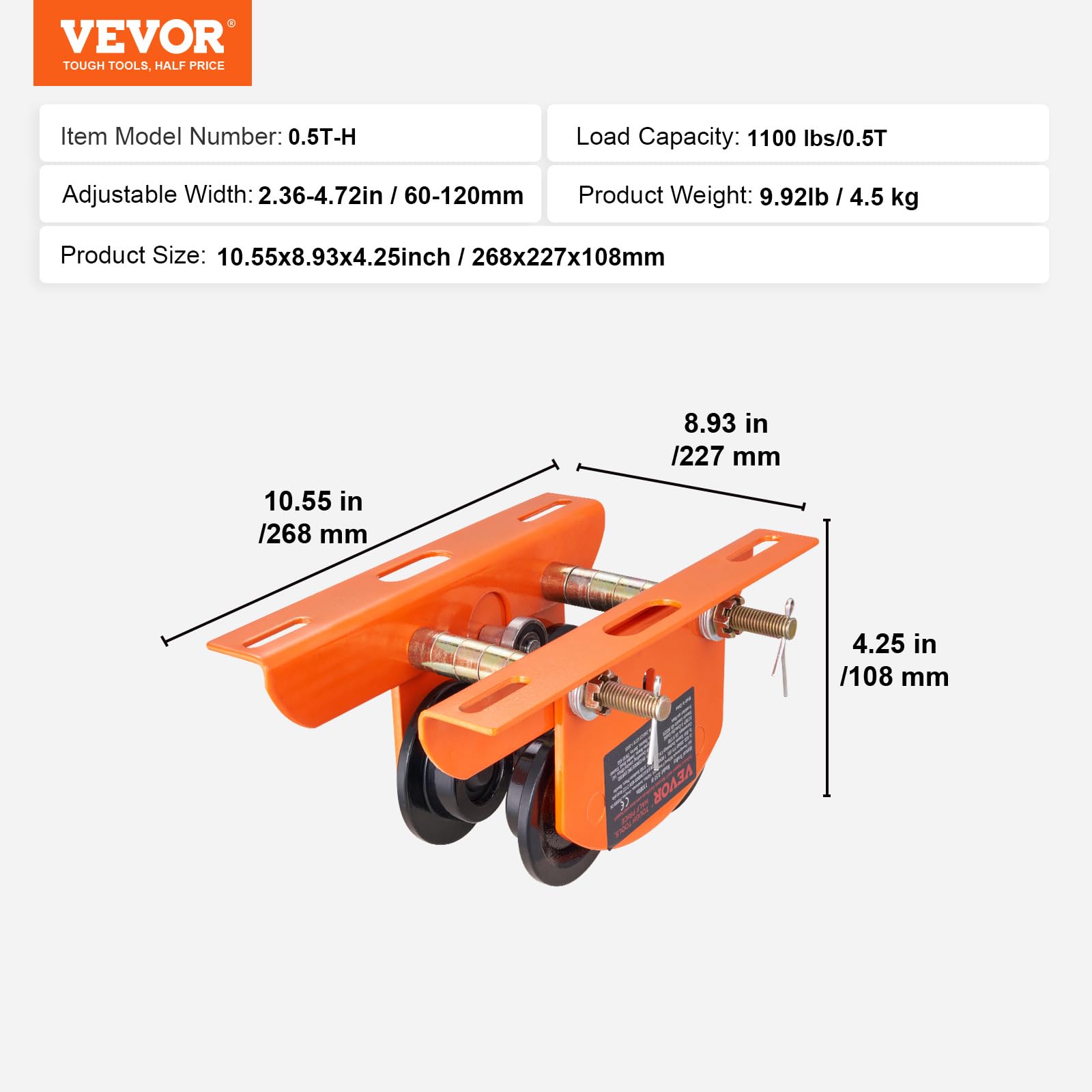 VEVOR Elektryczny wciągnik ręczny, pojemność 499 kg / 0,5 tony do PA200 PA250 PA300 PA400 PA500, wózek z belką dociskową z podwójnymi kółkami, regulowana szerokość kołnierza 6 cm - 12 cm dla prostej