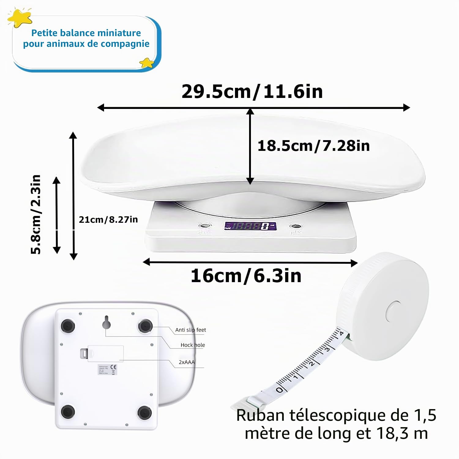 Balance numérique pour petits animaux de compagnie : Nizirioo Petite balance pour animaux de compagnie Balance bébé Balance d'alimentation Grammes et onces 15 kg avec précision ± 1 gramme Bol amovible