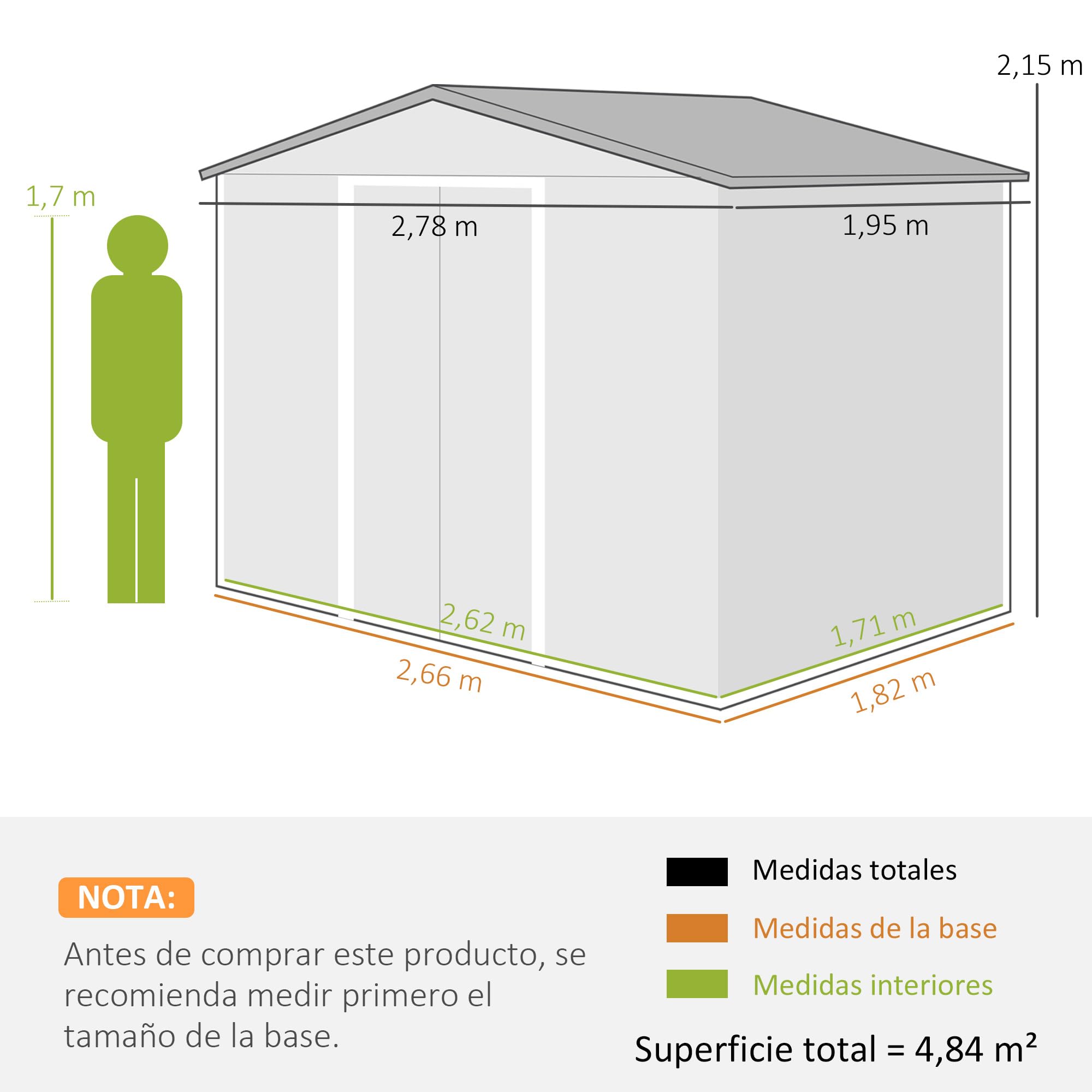 Outsunny Caseta de Jardín Exterior 4,84 m² 278x195x215 cm, Cobertizo de Jardín Exterior Metálica con 4 Ventanas y 2 Puertas Correderas, para Almacenaje de Herramientas, Madera Natural y Café