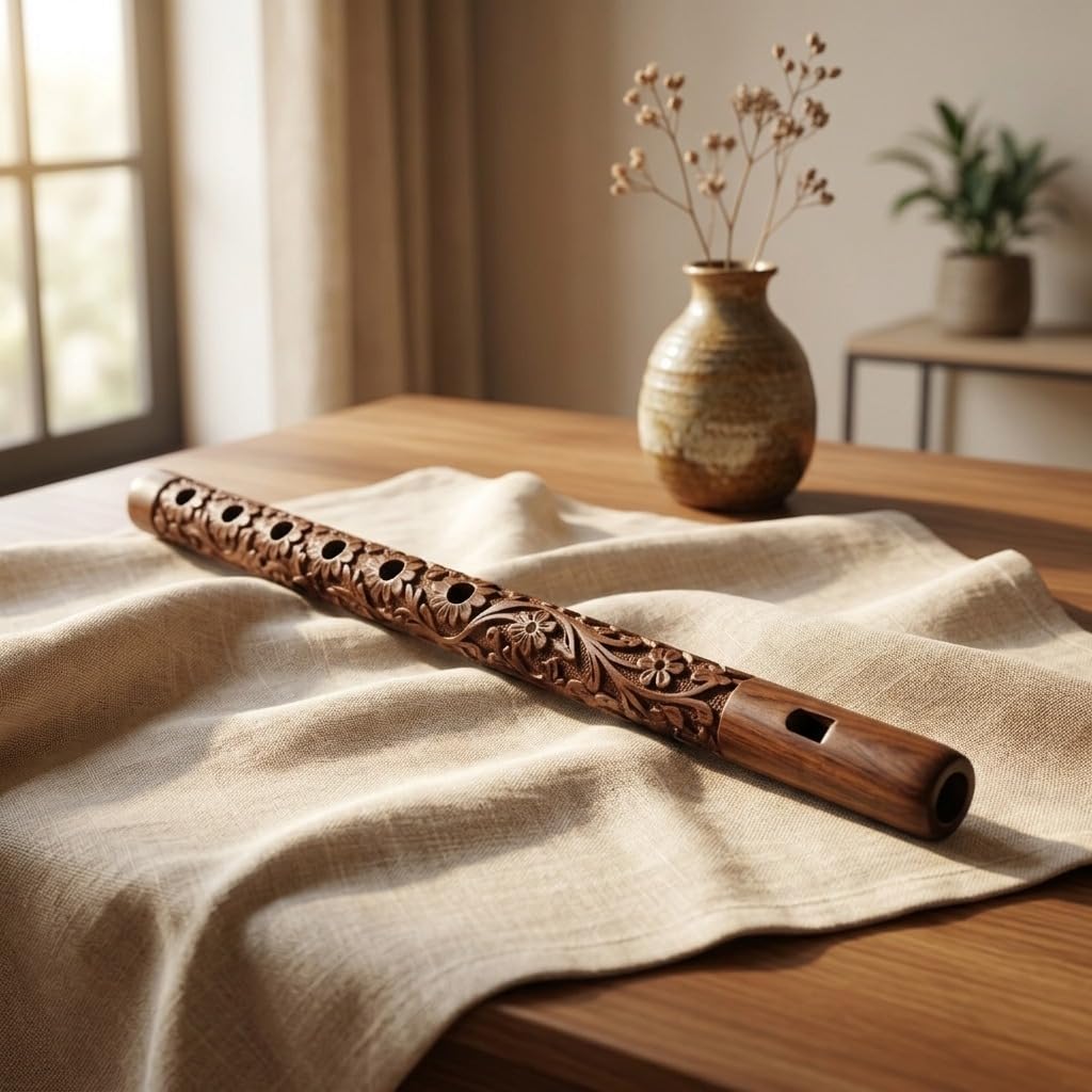 Handcrafted Wooden Flute | Bansuri for Meditation Yoga & Sound Healing | Carved Traditional Musical Instrument | Handmade Wooden Decor Flute (13 inch)-picture-29