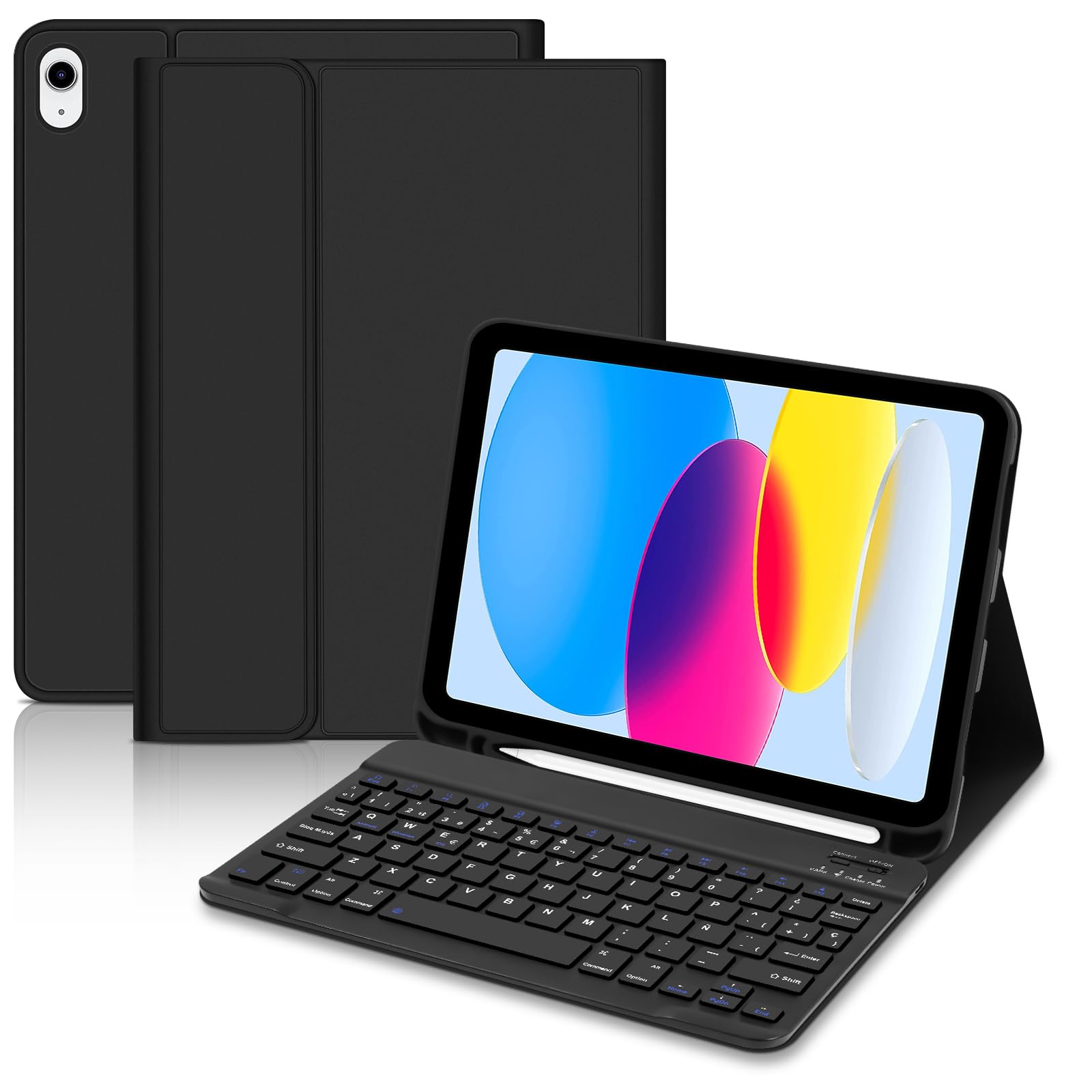 Keyboard Case for iPad A16 11 Generation 11 Inch/10 Generation 10.9 Inch-QWERTY Spanish Ć, Detachable Magnetic Rechargeable Keyboard and Pencil Holder for iPad 10/11 Gen,Black