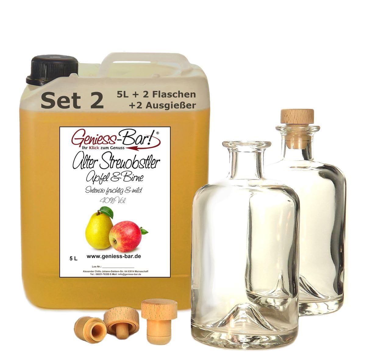 Alter Streuobstler 5L & 2 Flaschen & 2 Ausgießer Milder Apfel & Birne 40% Vol.