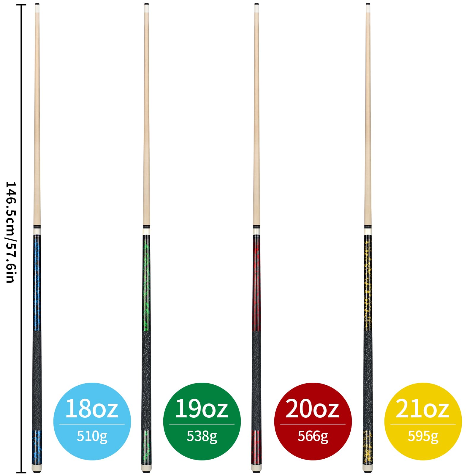 Kmise Billard Queue-Set, 147cm 18–21 oz Professionelles Billardqueue aus kanadischem Ahorn, Neuer verbesserter Griff, 4 Farben optional Queue Wird mit Kreide und Handschuhen geliefert