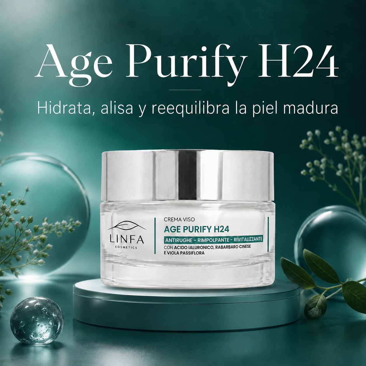 Linfa Cosmetics Age Purify H24 Crema facial antiedad, crema purificadora hidratante con ácido hialurónico, vitamina E, jojoba, albaricoque y salvia para pieles mixtas maduras y grasas, 50 ml