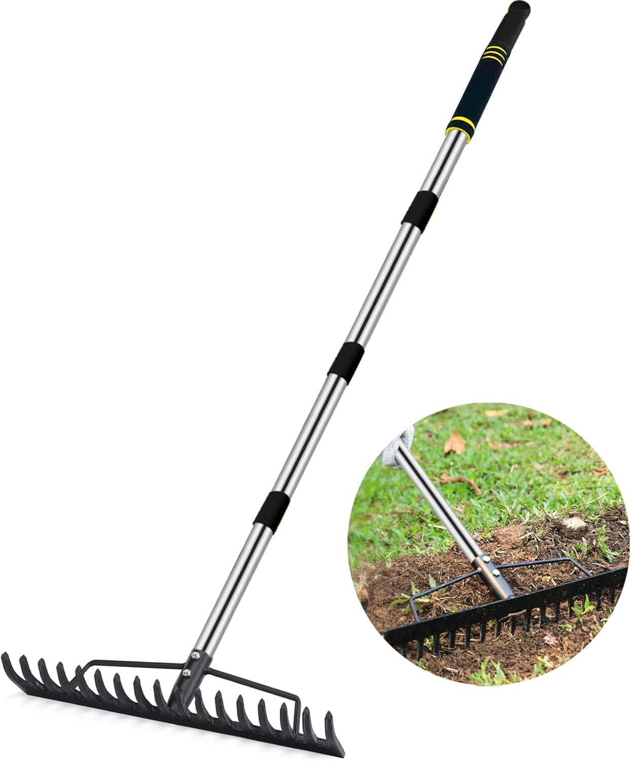 Heavy Duty Garden Rake for Leaves - 17 Tine Metal Head & Adjustable Stainless Steel Handle, 17" Wide 5.58FT Yard Rake for Shrub Leveling/Grass Care