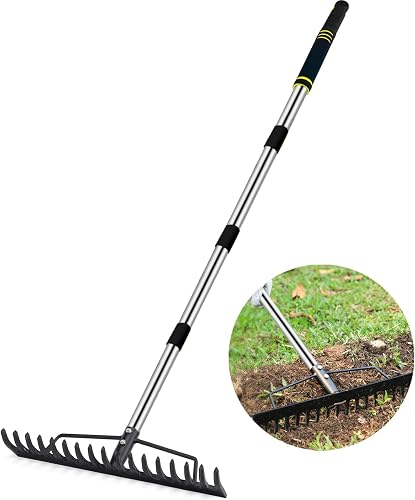 Heavy Duty Bow Rake for Lawns, 17 Tine Metal Rake Level Soil 5.58FT