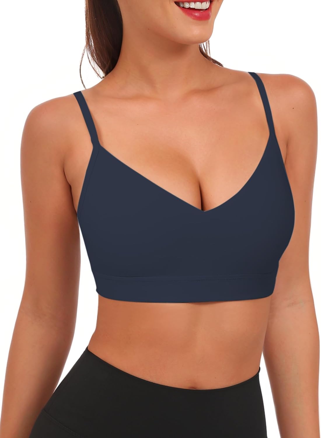 Buauty V Neck Sports Bra for Women, Padded Push up Women's Sport Bras Adjustable Thin Straps, Light Support Yoga Camisole Basic Top, Low Impact Spaghetti Strap Sport Racerback Bras Navy Blue L - Image 7