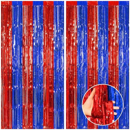 CANREVEL 2 Pack 3.3x8.2 Feet Blue and Red Foil Fringe Backdrop Curtains, Tinsel Streamers Birthday Party Decorations, Fringe Backdrop for Graduation, Carnival, Circus Theme Party
