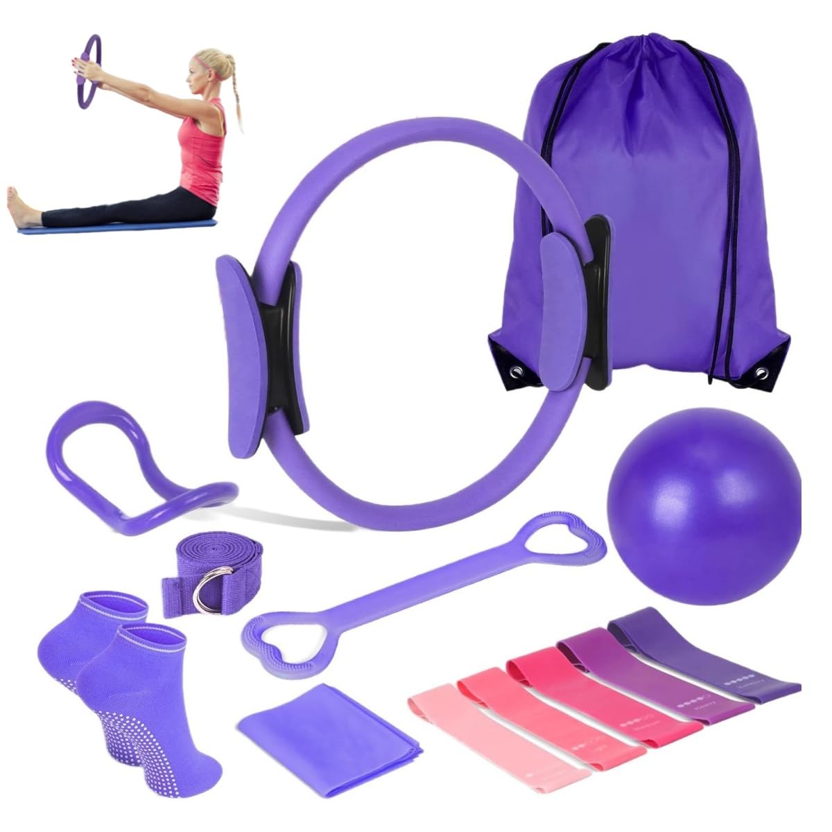 Besseling Pilates Kit 13 pcs, Pilates Essential Kit for Home Workouts, 12” Pilate Circle Yoga Ring, Pilates Ball, Resistance Bands, Pilates Socks, Pilates Sets for Women Gift (purple)