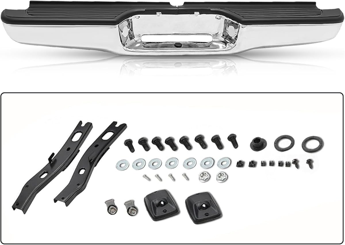 SOCKIR Anti-Rust Coating Rear Bumper Assembly Fit for 1995-2004 Toyota Tacoma Back Step Bumper with Black Plastic Pads Chrome Steel TO1102215