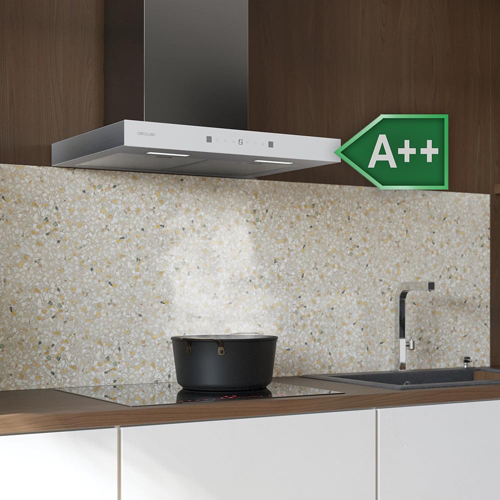 Cecotec Dunstabzugshaube 60 cm Flux TT 605500 Glas Weiß A++. 70W, Front aus weißem Glas, Niedriger Verbrauch, Absaugleistung 550m3/h, Touch-Steuerung, 3 Stufen, LED-Licht, Aktivkohlefilter