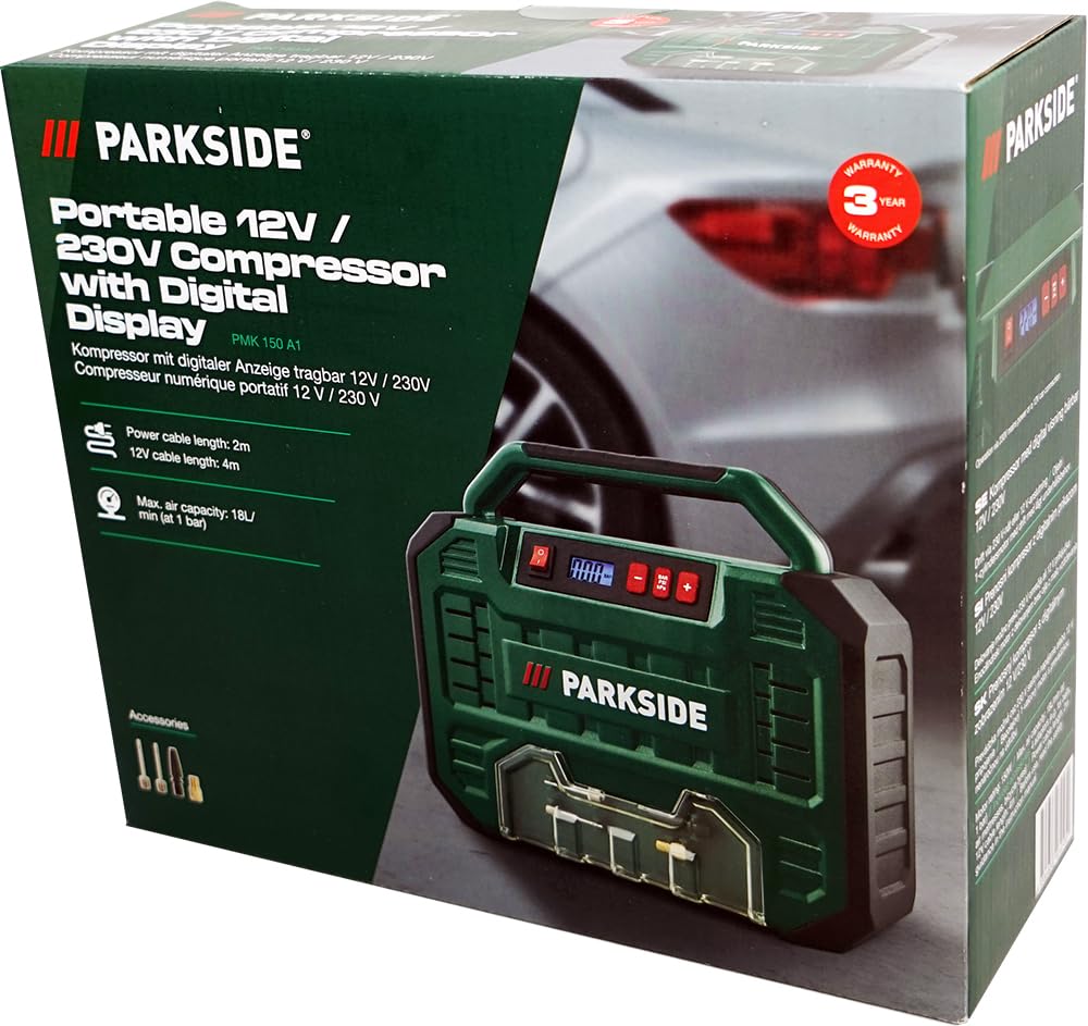 HEADNMORE® Parkside® PMK 150 Compresseur avec affichage numérique 8 bar 12 V/230 V + porte-clés