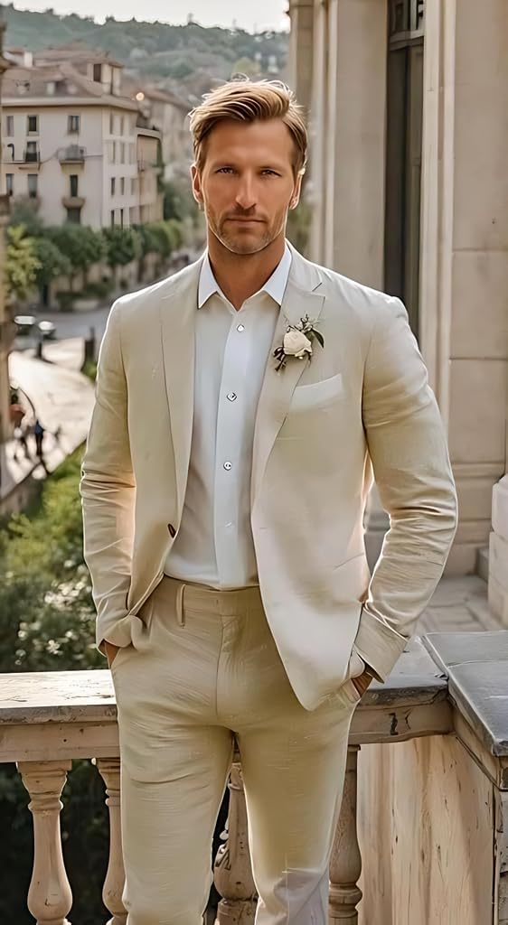 Men's Linen 2 Piece Suit Set Slim Fit Wedding Suits for Groomsmen One Button Tuxedo Blazer Pants