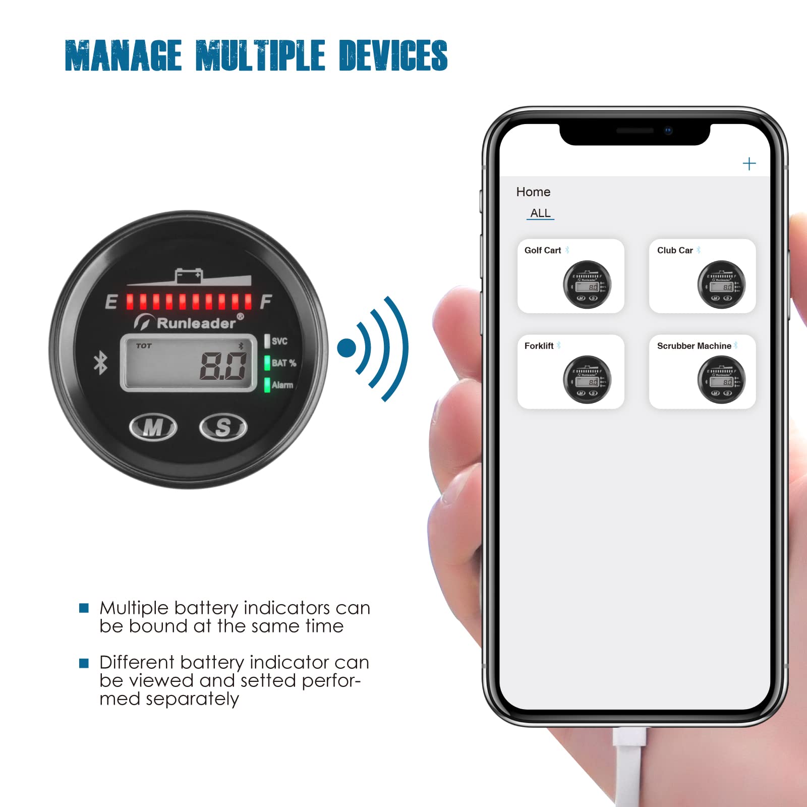 Runleader da 12V a 48V indicatore della Batteria LED Bluetooth, Registrazione delle Ore di Funzionamento per Piombo Acid Trojan Gel di Litio AGM LiFePO4 Batteria