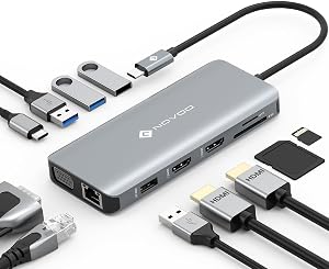 NOVOO USB-C Hub 11 en 1 - Dual HDMI 4K, VGA, 100W PD