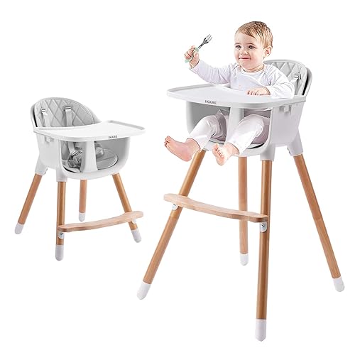 IKARE Silla alta de madera natural para bebé con bandeja extraíble y arnés de seguridad silla alta infantil 3 en 1 elevador y silla para niños crece