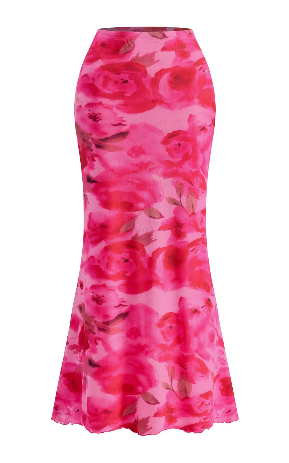 PRETTYGARDEN Womens Floral Print Mesh Long Skirt High Waisted Bodycon Fishtail Flowy Summer Maxi Skirts for Women Trendy