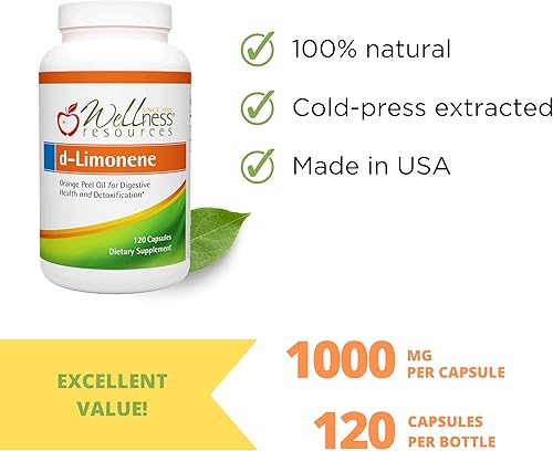 Miniatura 3 de Wellness Resources Cápsulas de d-limoneno de alta potencia de 1000 mg, 120 cápsulas  Extracto de cáscara de naranja para la salud digestiva, acidez