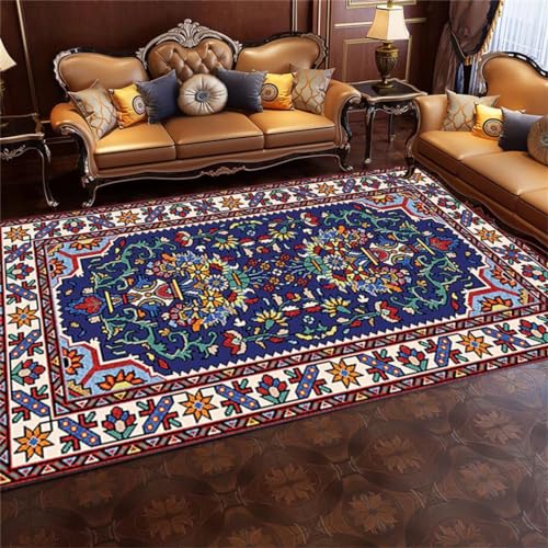 Tapis de salon bleu lavable fini les taches sur le motif floral - 2